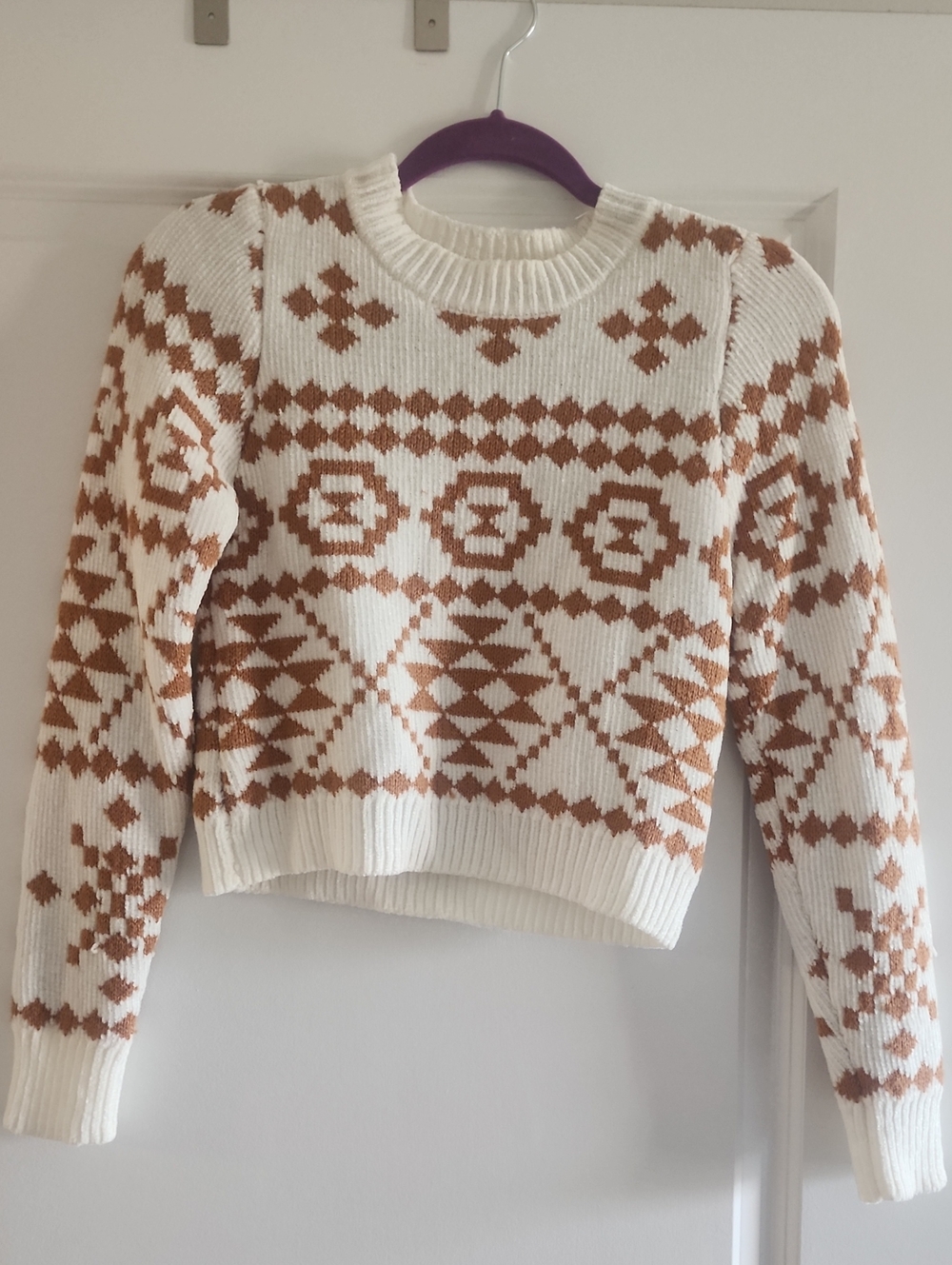 Altar'd State White and Tan Geometric Crewneck Sweater